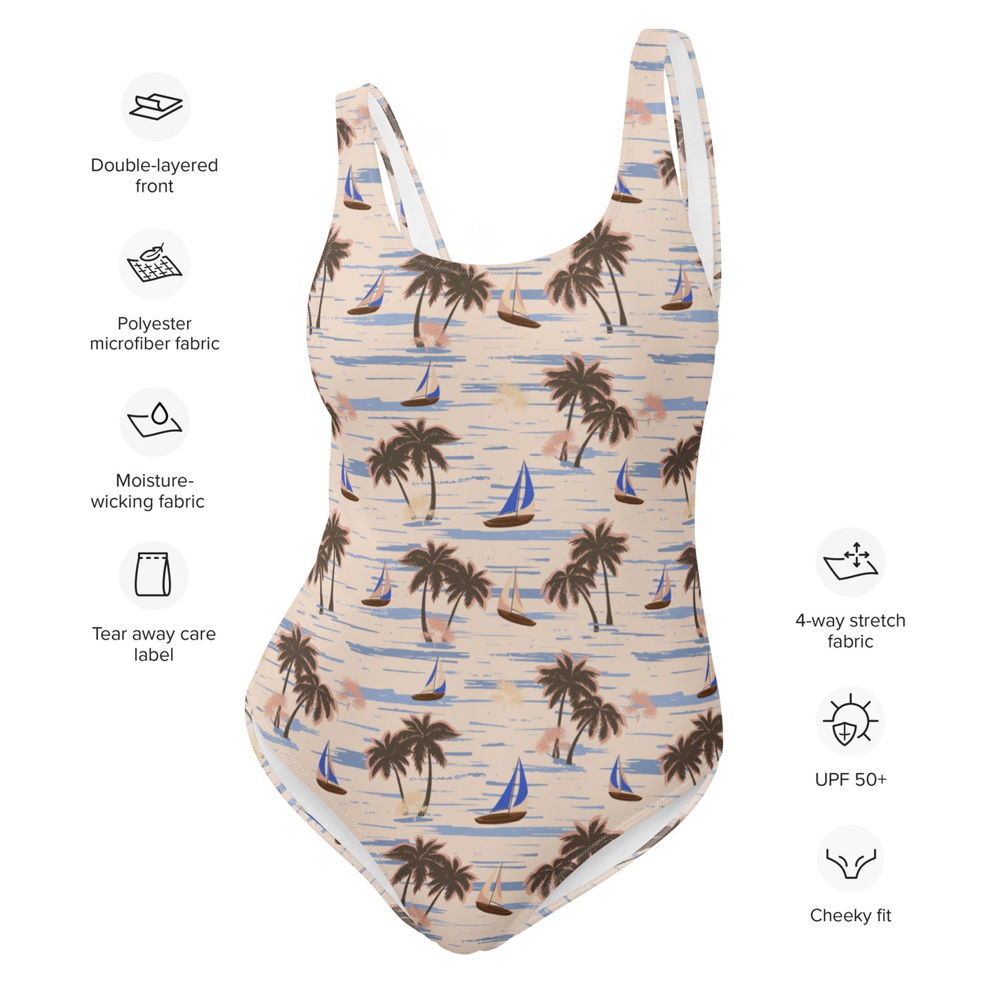 Vintage Sailboat and Palmtree Island One-Piece Swimsuit