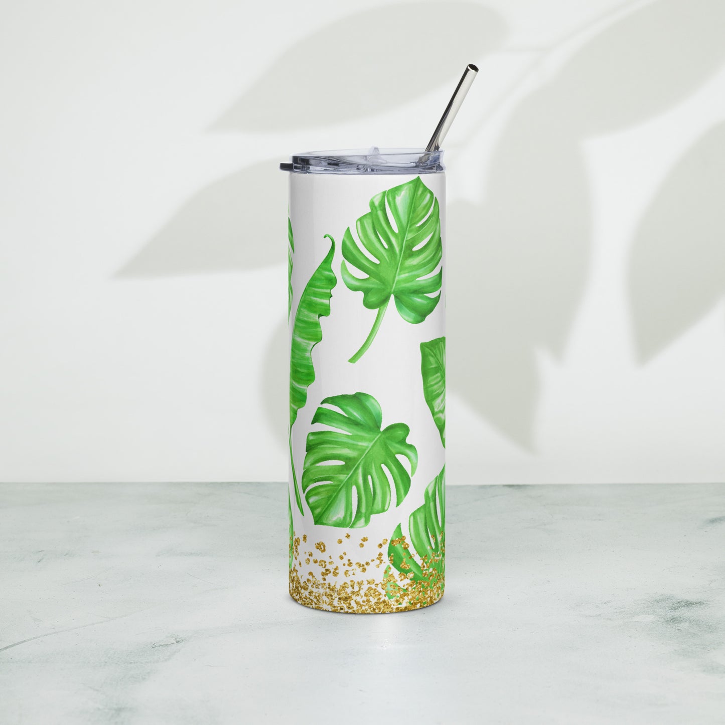 Palm Leaves with Gold Sparkles Steel Tumbler