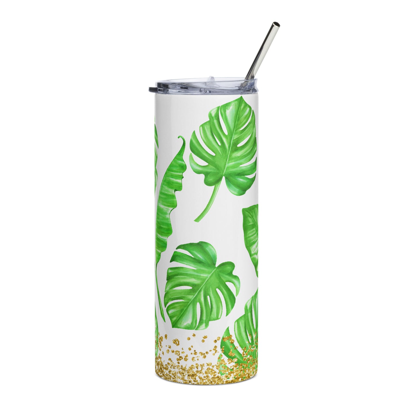 Palm Leaves with Gold Sparkles Steel Tumbler