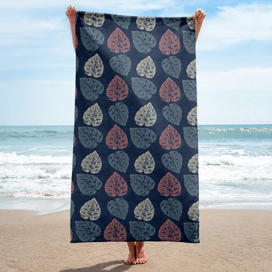 Navy Blue Monstera Beach Towel