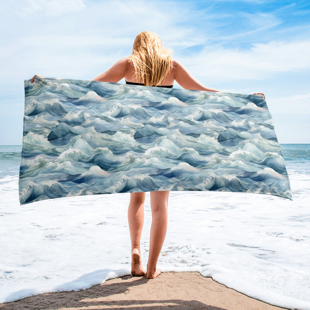 Watercolor Blue Ocean Waves Beach Towel