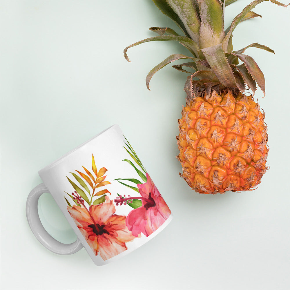 Tropical Floral Print White Glossy Mug